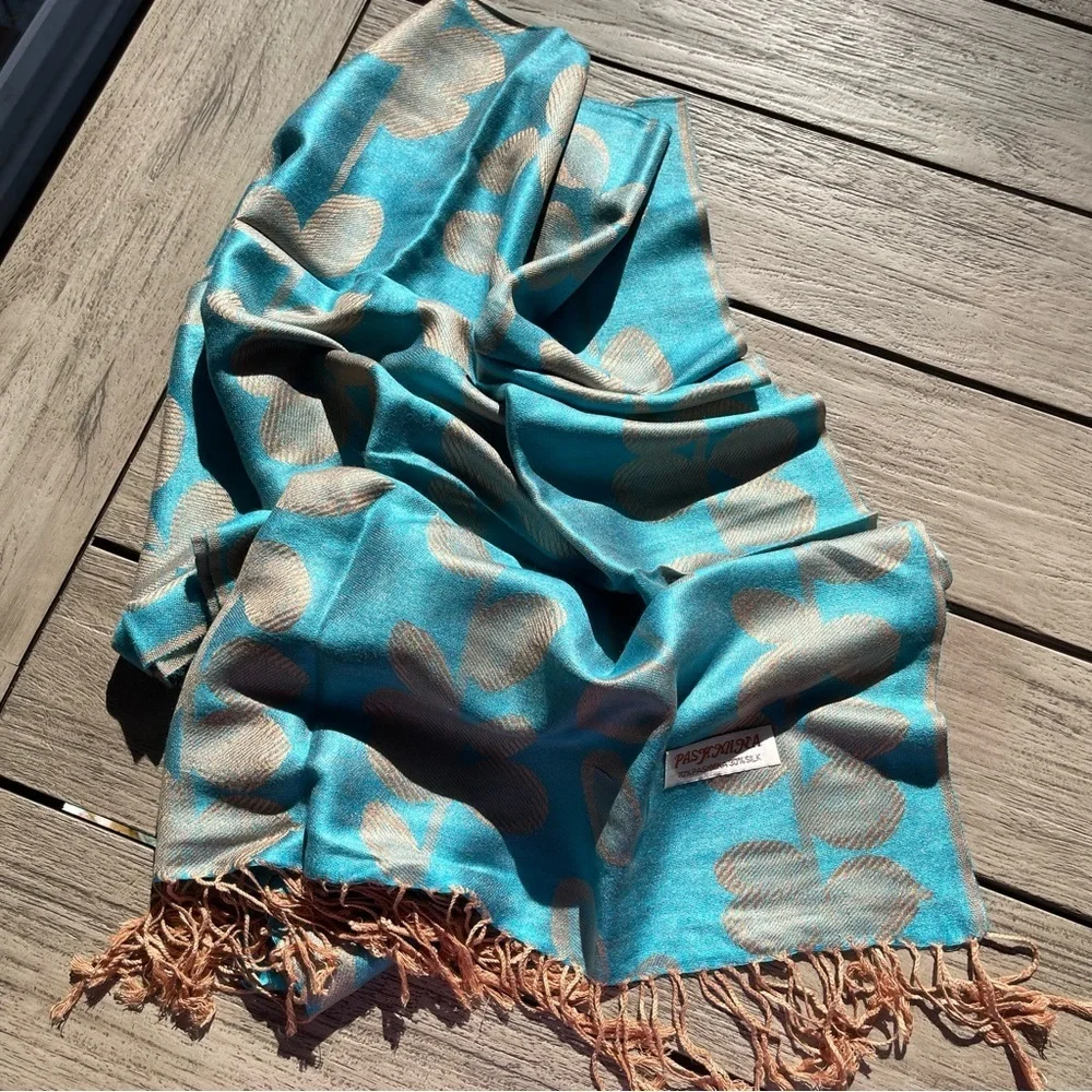 Pashmina Teal & Golden Tan Floral Scarf Wrap NWOT